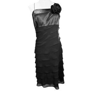 White House Black Market Black Tiered Chiffon Cocktail Dress with Rosette SZ:10